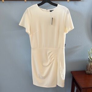 Express Cream Ruched Sheath Dress with Dolman Sleeves for Wedding Guest